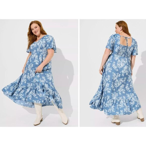 Torrid Maxi Chambray Blue Floral Hi-Low V-Neck Dress w/Pockets Size 4X 26 28 - Picture 1 of 13
